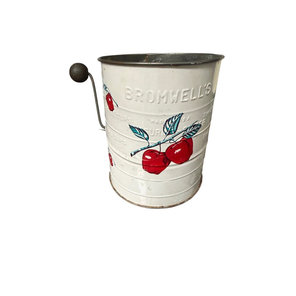 Vintage Bromwell's Flour Sifter White Enamel Red Apples 3 Cup Hand Crank